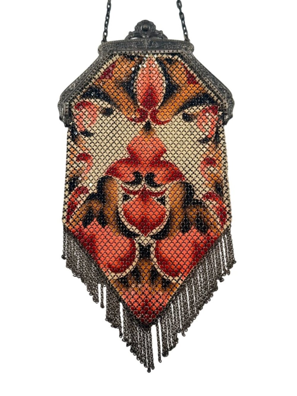 Vintage Mandalian Mfg Co Art Deco Mesh Bag Floral Design & Chain Fringe Detailin - Picture 7 of 16